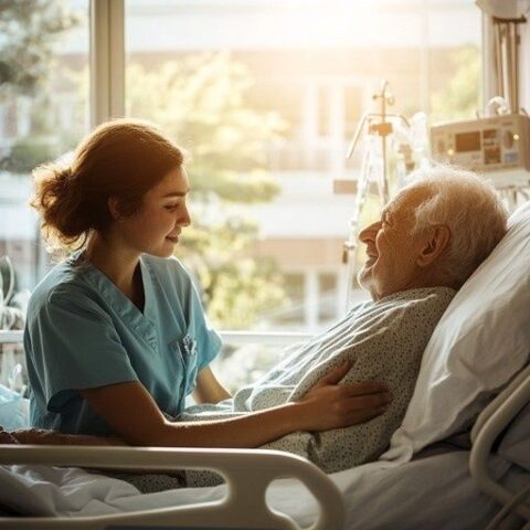 Nurse speaking reassuringly with an older patient in a hospital bed