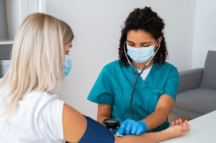 Nurse wearing PPE checks a patient's blood pressure with a stethoscope
